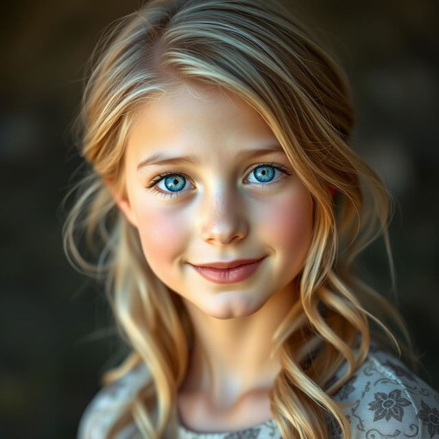 A stunning realistic portrait of a girl with blonde hair and striking blue eyes, illuminated by soft natural lighting