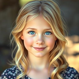 A stunning realistic portrait of a girl with blonde hair and striking blue eyes, illuminated by soft natural lighting