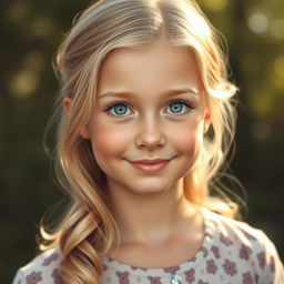 A stunning realistic portrait of a girl with blonde hair and striking blue eyes, illuminated by soft natural lighting