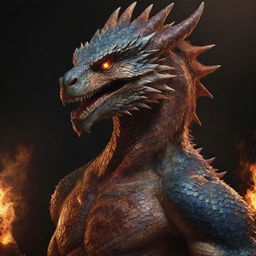 A powerful weredragon, half-human, half-dragon, showing dragon scales merging with human skin, its eyes flaring with draconic energy.