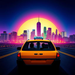 A vibrant scene of a taxi against a striking city skyline, with a silhouette of the driver visible inside the vehicle