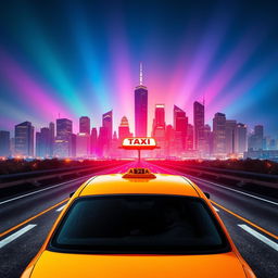 A vibrant scene of a taxi against a striking city skyline, with a silhouette of the driver visible inside the vehicle