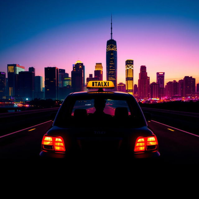 A vibrant scene of a taxi against a striking city skyline, with a silhouette of the driver visible inside the vehicle