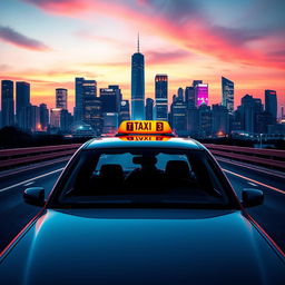 A vibrant scene of a taxi against a striking city skyline, with a silhouette of the driver visible inside the vehicle