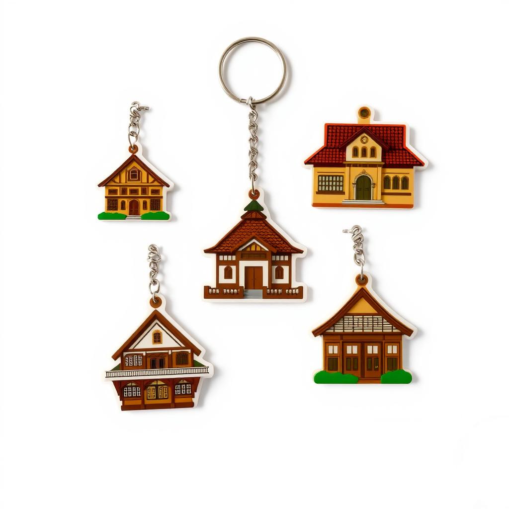 Create a logo design featuring keychains in various shapes representing traditional Indonesian houses, such as the Toraja House, Minangkabau House, and Javanese Joglo