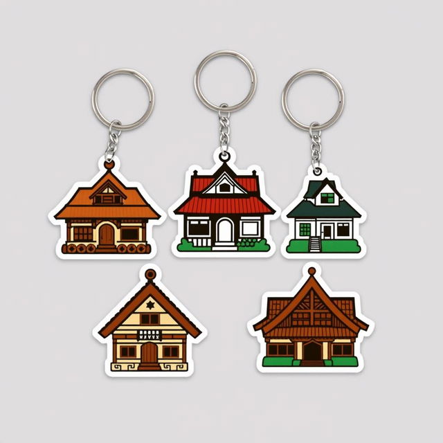 Create a logo design featuring keychains in various shapes representing traditional Indonesian houses, such as the Toraja House, Minangkabau House, and Javanese Joglo