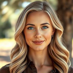 A stunning realistic portrait of a 25-year-old woman with blonde hair and striking blue eyes, illuminated by soft natural lighting