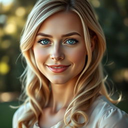 A stunning realistic portrait of a 25-year-old woman with blonde hair and striking blue eyes, illuminated by soft natural lighting