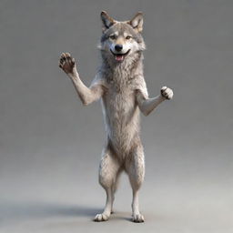 A realistically drawn, friendly wolf, standing on its hind legs, raising one paw in a greeting gesture, expression resembling saying 'hi'.