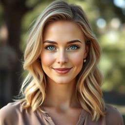 A stunning realistic portrait of a 25-year-old woman with blonde hair and striking blue eyes, illuminated by soft natural lighting