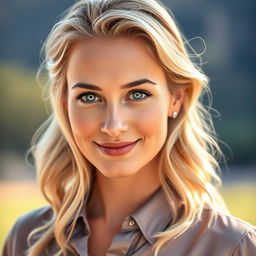 A stunning realistic portrait of a 25-year-old woman with blonde hair and striking blue eyes, illuminated by soft natural lighting