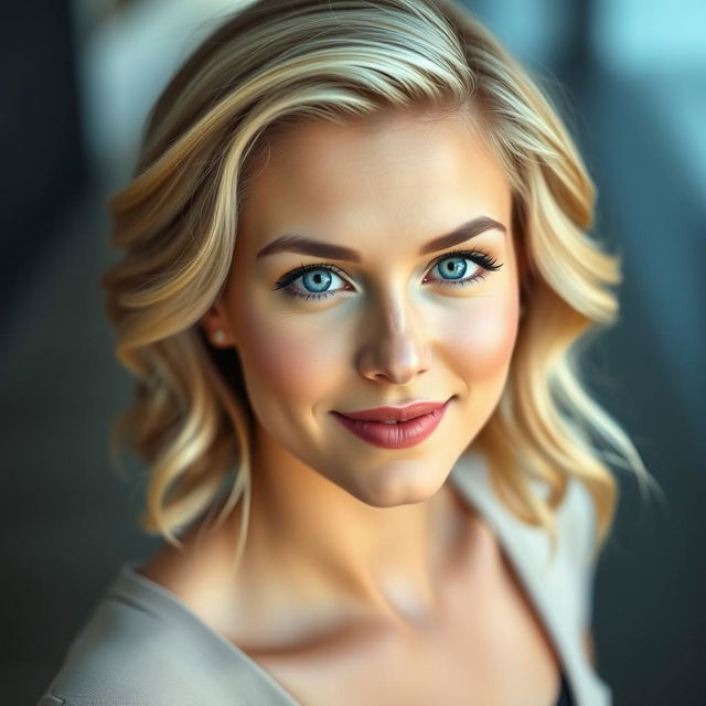 A stunning realistic photograph of a 25-year-old woman with blonde hair and striking blue eyes, captured with exquisite detail