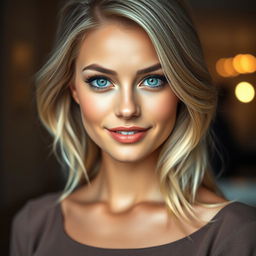 A stunning realistic photograph of a 25-year-old woman with blonde hair and striking blue eyes, captured with exquisite detail