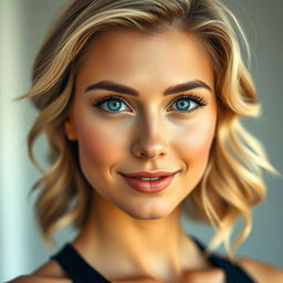 A stunning realistic photograph of a 25-year-old woman with blonde hair and striking blue eyes, captured with exquisite detail