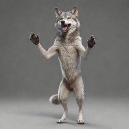 A realistically drawn, friendly wolf, standing on its hind legs, raising one paw in a greeting gesture, expression resembling saying 'hi'.