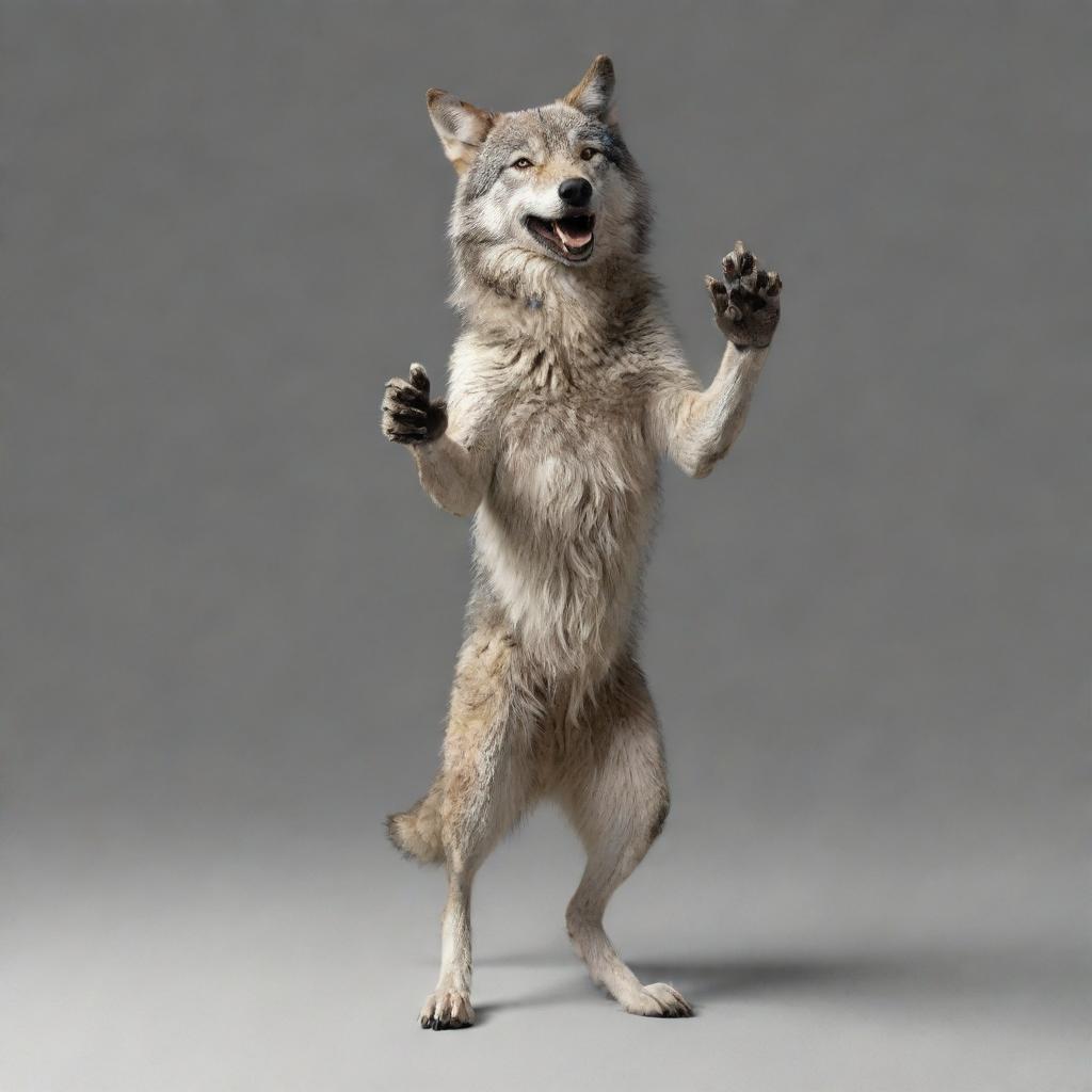 A realistically drawn, friendly wolf, standing on its hind legs, raising one paw in a greeting gesture, expression resembling saying 'hi'.