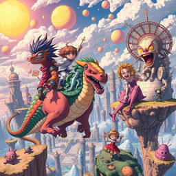 A surreal and imaginative anime scene, featuring vibrant, exaggerated characters with unique, bizarre features