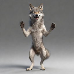 A realistically drawn, friendly wolf, standing on its hind legs, raising one paw in a greeting gesture, expression resembling saying 'hi'.