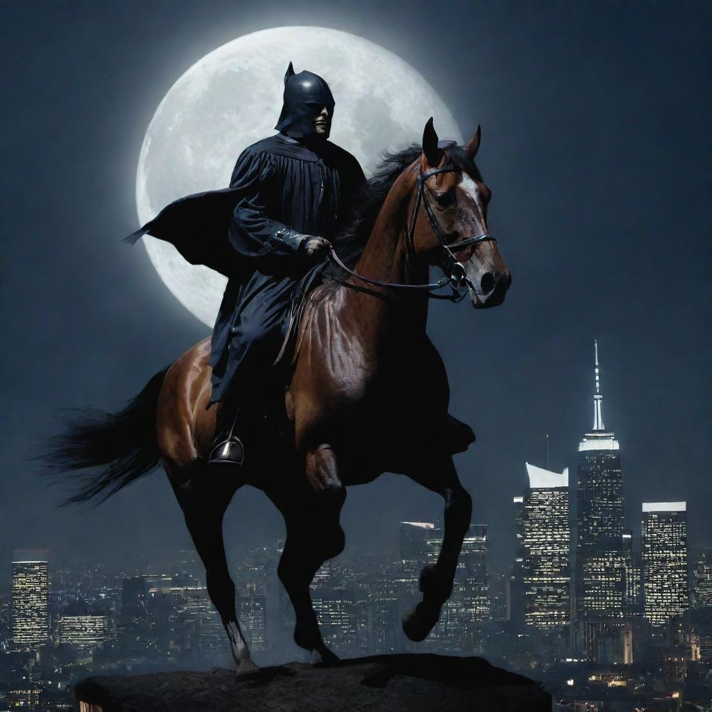 The urban legend of the just night judge, dramatically depicted riding a majestic horse through the moonlit cityscape.