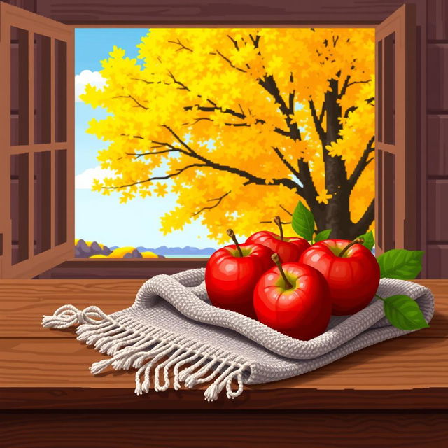 a charming still life scene featuring red and green apples resting meticulously on a textured towel, laid gracefully on a rustic wooden table