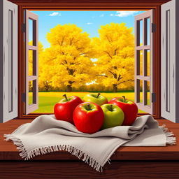 a charming still life scene featuring red and green apples resting meticulously on a textured towel, laid gracefully on a rustic wooden table