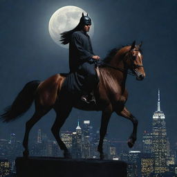 The urban legend of the just night judge, dramatically depicted riding a majestic horse through the moonlit cityscape.