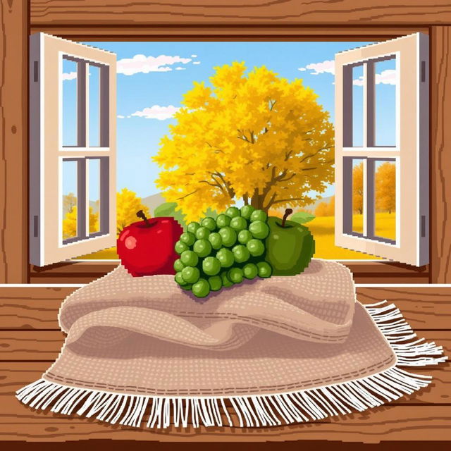 a charming pixel art still life scene featuring red and green apples along with a lush crown of green grapes resting on a textured towel, all meticulously placed on a rustic wooden table