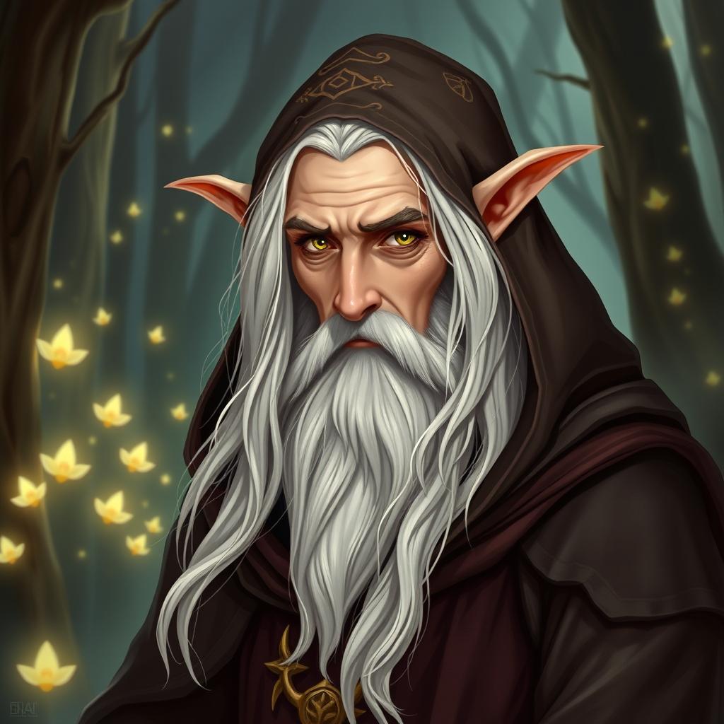 A wise and ancient male druid elf with pointed ears, wearing a mystical hooded cloak