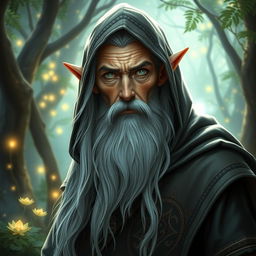 A wise and ancient male druid elf with pointed ears, wearing a mystical hooded cloak