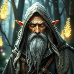 A wise and ancient male druid elf with pointed ears, wearing a mystical hooded cloak