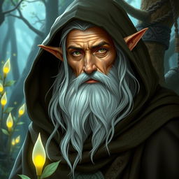 A wise and ancient male druid elf with pointed ears, wearing a mystical hooded cloak