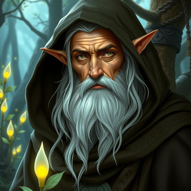 A wise and ancient male druid elf with pointed ears, wearing a mystical hooded cloak