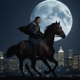 The urban legend of the just night judge, dramatically depicted riding a majestic horse through the moonlit cityscape.