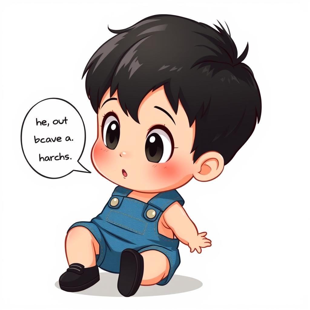A cartoon depiction of a 10-month-old baby boy with thick black hair, wearing a short denim jumper and black shoes