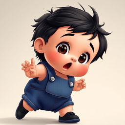 A cartoon depiction of a 10-month-old baby boy with thick black hair, wearing a short denim jumper and black shoes