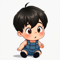 A cartoon depiction of a 10-month-old baby boy with thick black hair, wearing a short denim jumper and black shoes