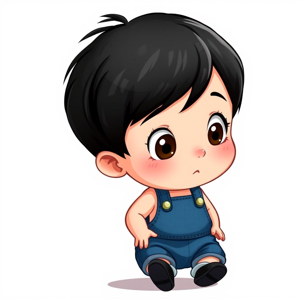 A cartoon depiction of a 10-month-old baby boy with thick black hair, wearing a short denim jumper and black shoes