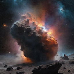 A gigantic rock detonating in the midst of a galaxy, sending a multicolored nebula of dust and debris into the cosmos.