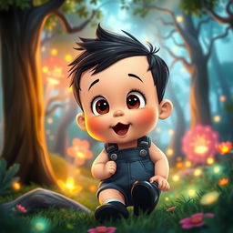 A cartoon depiction of a 10-month-old baby boy with thick black hair, wearing a short denim jumper and black shoes