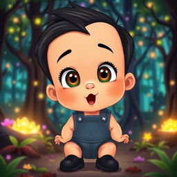 A cartoon depiction of a 10-month-old baby boy with thick black hair, wearing a short denim jumper and black shoes