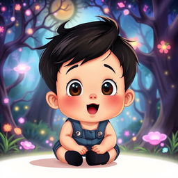 A cartoon depiction of a 10-month-old baby boy with thick black hair, wearing a short denim jumper and black shoes