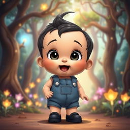 A cartoon depiction of a 10-month-old baby boy with thick black hair, wearing a short denim jumper and black shoes