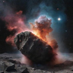 A gigantic rock detonating in the midst of a galaxy, sending a multicolored nebula of dust and debris into the cosmos.