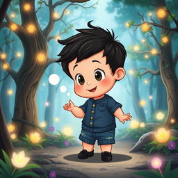 A cartoon depiction of a 10-month-old baby boy with thick black hair, wearing a short denim jumper and black shoes, situated in an enchanted forest