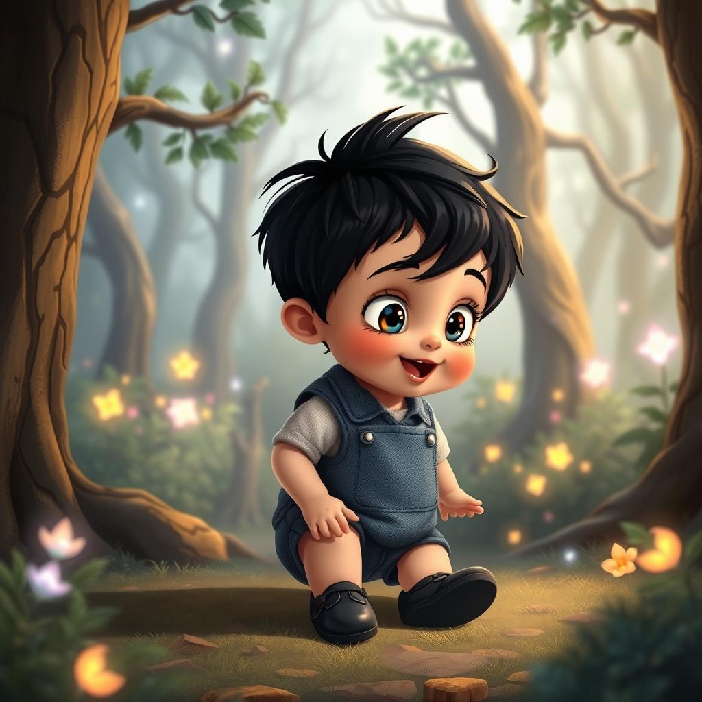 A cartoon depiction of a 10-month-old baby boy with thick black hair, wearing a short denim jumper and black shoes, situated in an enchanted forest