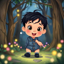 A cartoon depiction of a 10-month-old baby boy with thick black hair, wearing a short denim jumper and black shoes, situated in an enchanted forest