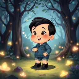 A cartoon depiction of a 10-month-old baby boy with thick black hair, wearing a short denim jumper and black shoes, situated in an enchanted forest