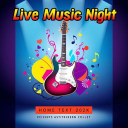 A vibrant music poster featuring an electric guitar crossed with a microphone, surrounded by musical notes and colorful abstract shapes