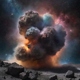 A gigantic rock detonating in the midst of a galaxy, sending a multicolored nebula of dust and debris into the cosmos.