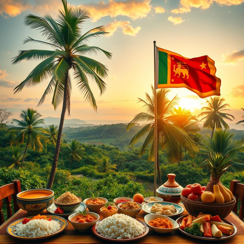 A delightful scene featuring a beautiful Sri Lankan landscape with a tall coconut tree standing majestically in the foreground